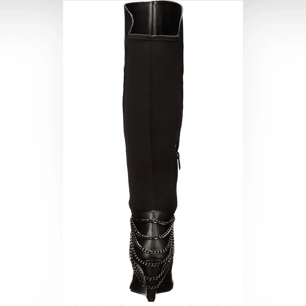 Fergie Samantha Black Chain-Detail Wedge Over-the-Knee Boots – Size 9M